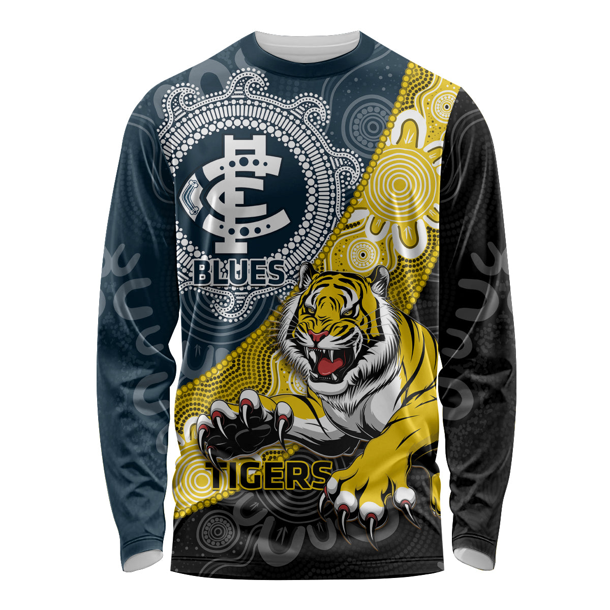 Personalised Richmond And Carlton Football Long Sleeve Shirt Tigers BluesTogether Aboriginal Art