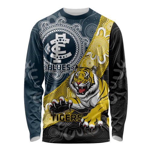 Personalised Richmond And Carlton Football Long Sleeve Shirt Tigers BluesTogether Aboriginal Art