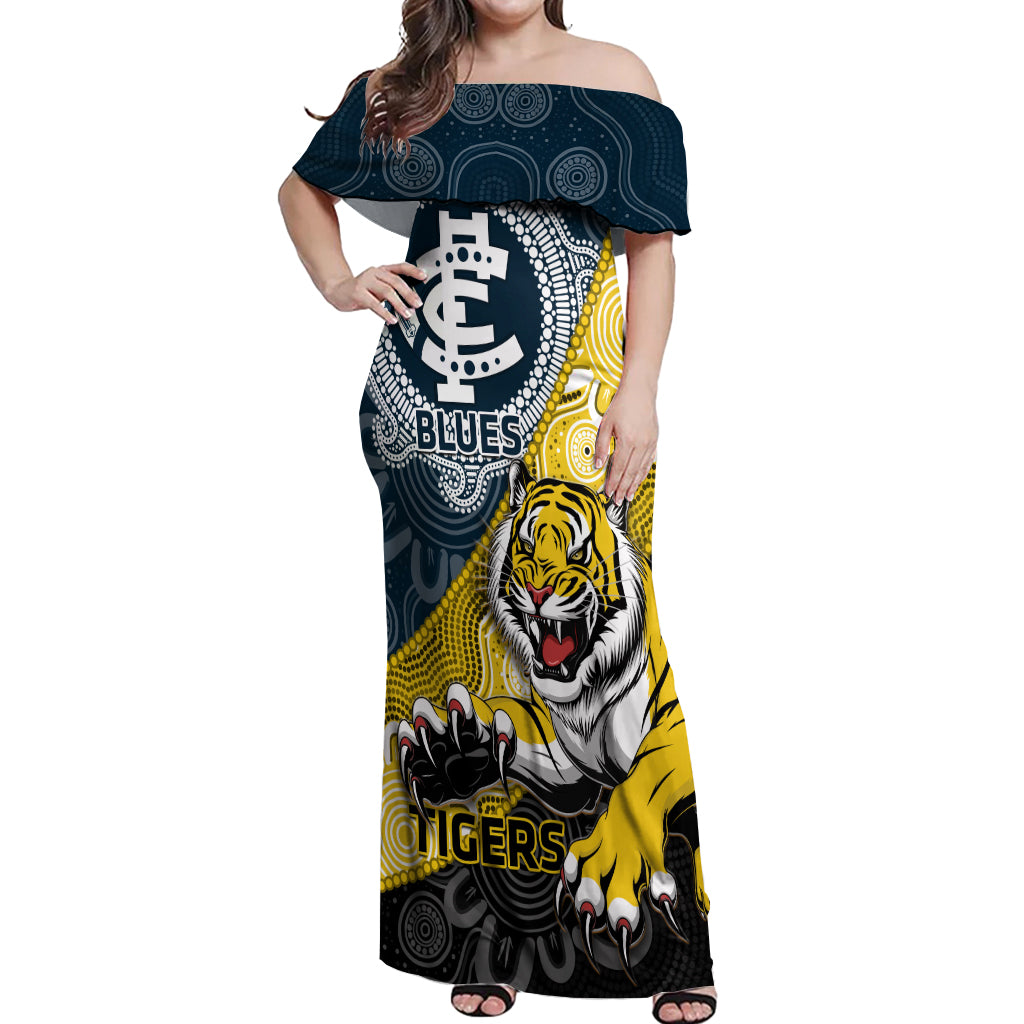 Personalised Richmond And Carlton Football Off Shoulder Maxi Dress Tigers BluesTogether Aboriginal Art