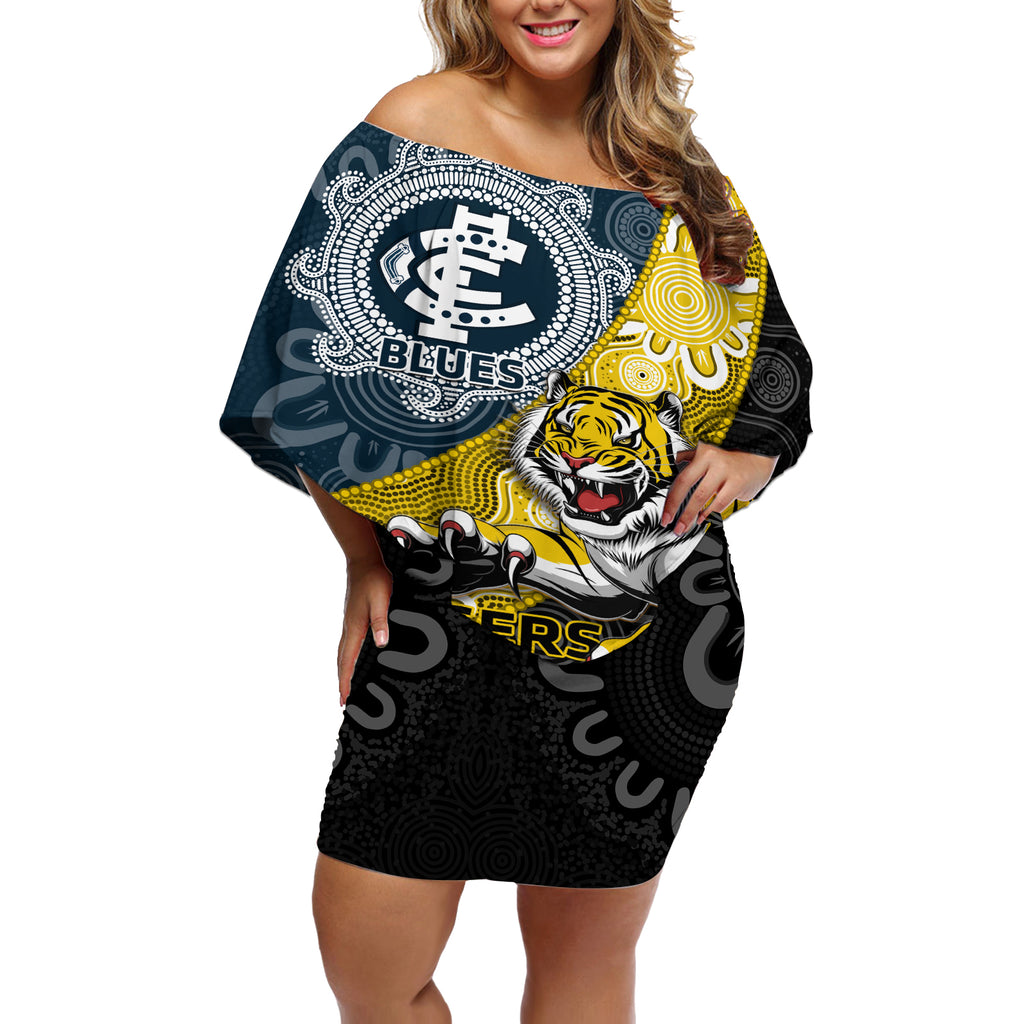 Personalised Richmond And Carlton Football Off Shoulder Short Dress Tigers BluesTogether Aboriginal Art