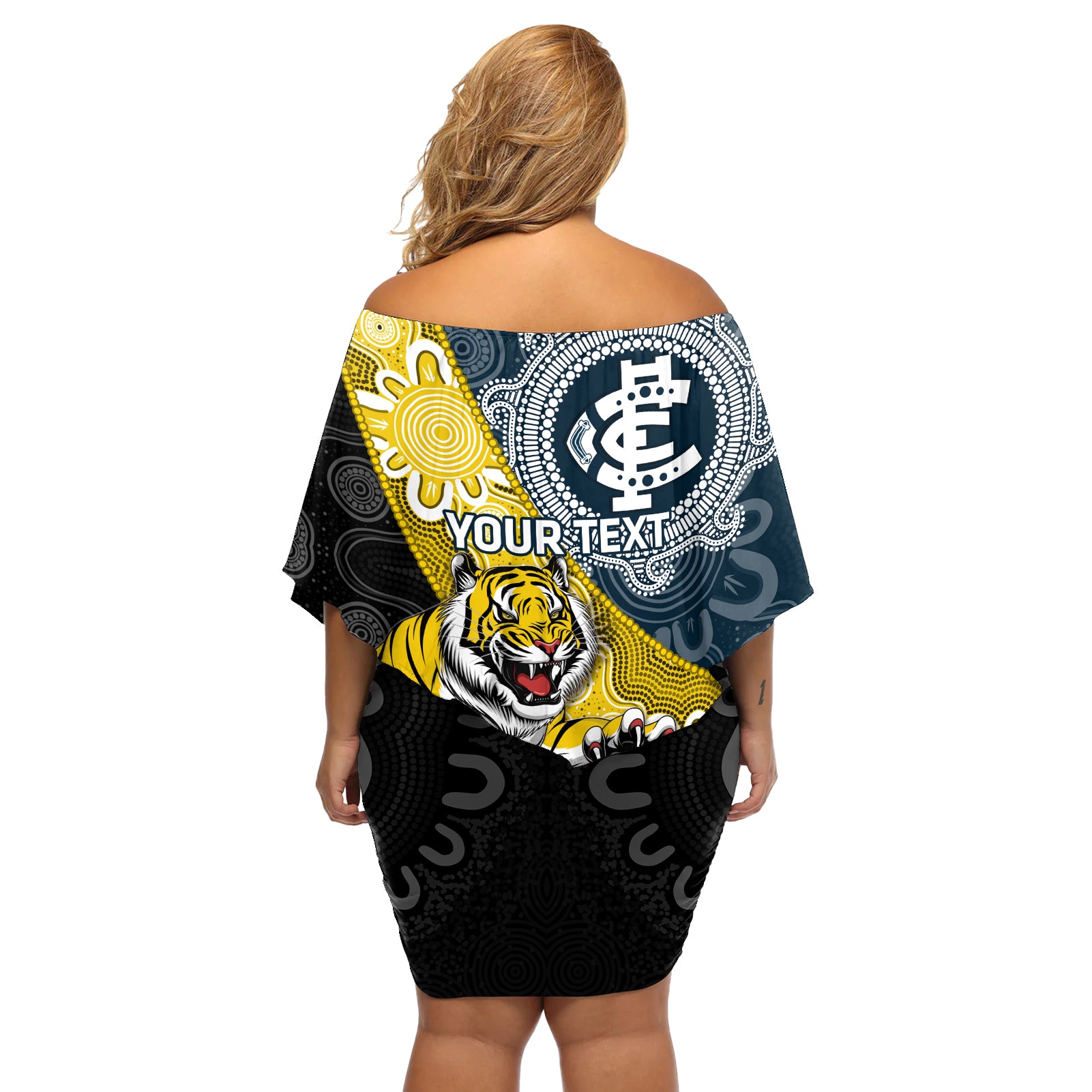 Personalised Richmond And Carlton Football Off Shoulder Short Dress Tigers BluesTogether Aboriginal Art