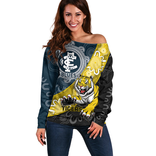 Personalised Richmond And Carlton Football Off Shoulder Sweater Tigers BluesTogether Aboriginal Art
