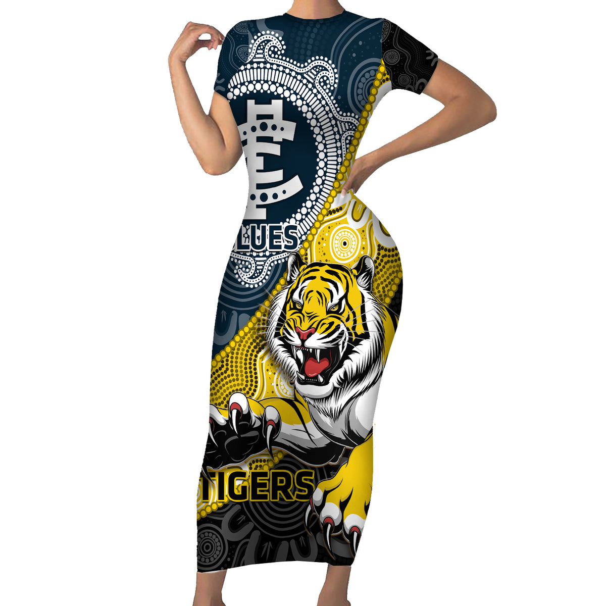 Personalised Richmond And Carlton Football Short Sleeve Bodycon Dress Tigers BluesTogether Aboriginal Art