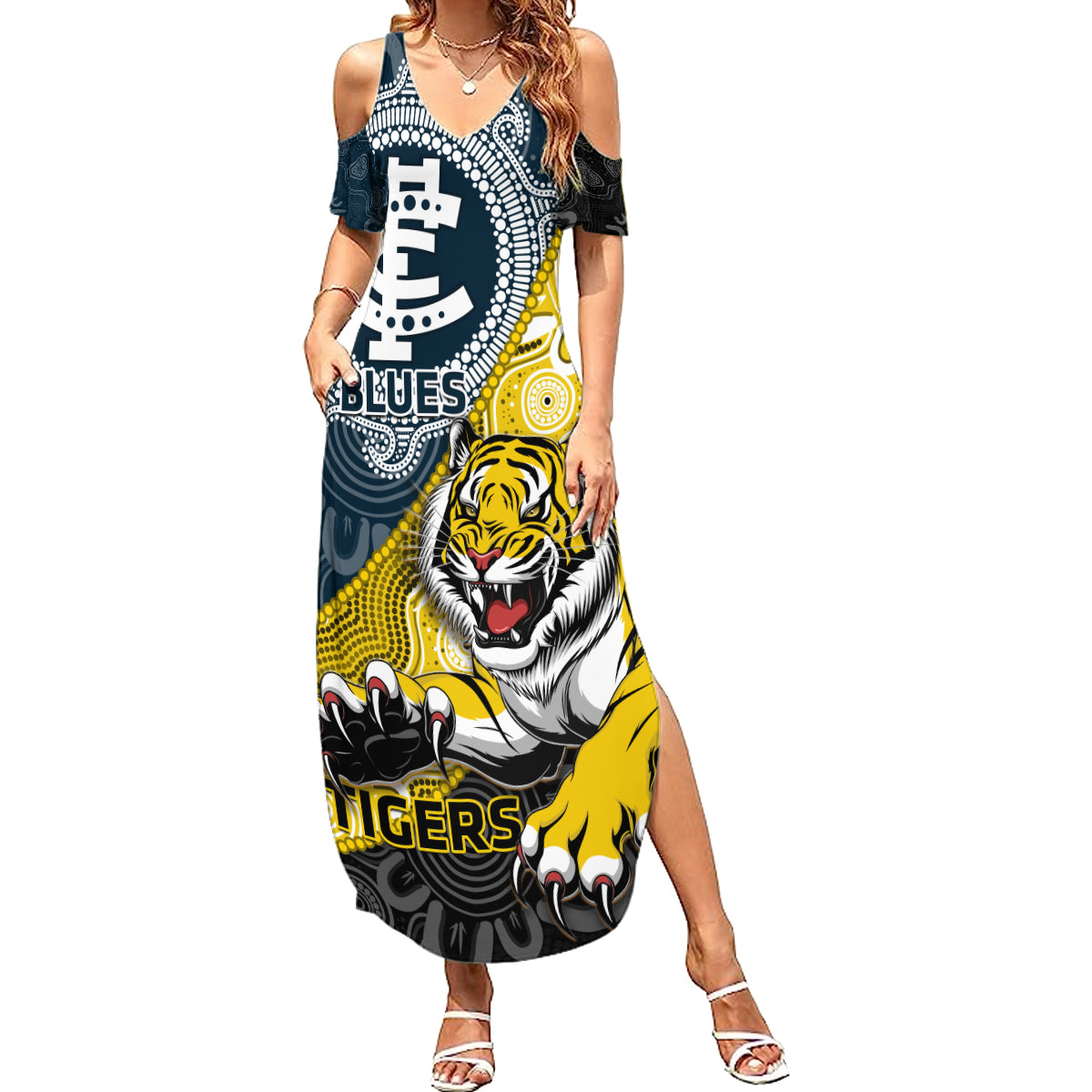 Personalised Richmond And Carlton Football Summer Maxi Dress Tigers BluesTogether Aboriginal Art