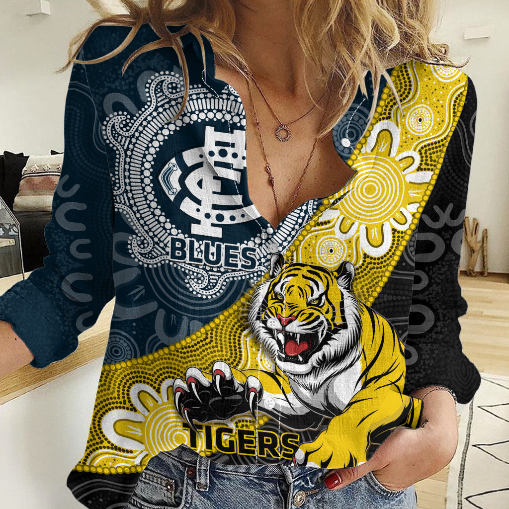 Personalised Richmond And Carlton Football Women Casual Shirt Tigers BluesTogether Aboriginal Art