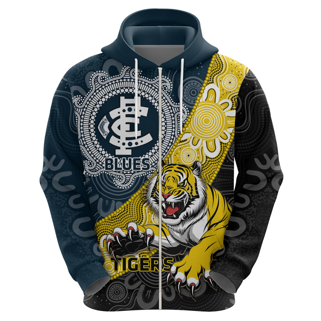 Personalised Richmond And Carlton Football Zip Hoodie Tigers BluesTogether Aboriginal Art