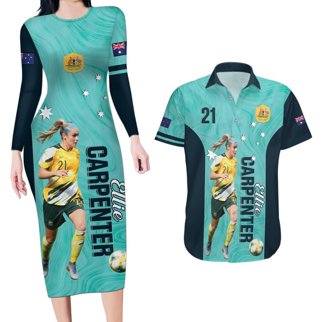Australia Soccer Couples Matching Long Sleeve Bodycon Dress and Hawaiian Shirt Ellie Carpenter Matildas - Turquoise