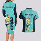 Australia Soccer Couples Matching Long Sleeve Bodycon Dress and Hawaiian Shirt Ellie Carpenter Matildas - Turquoise
