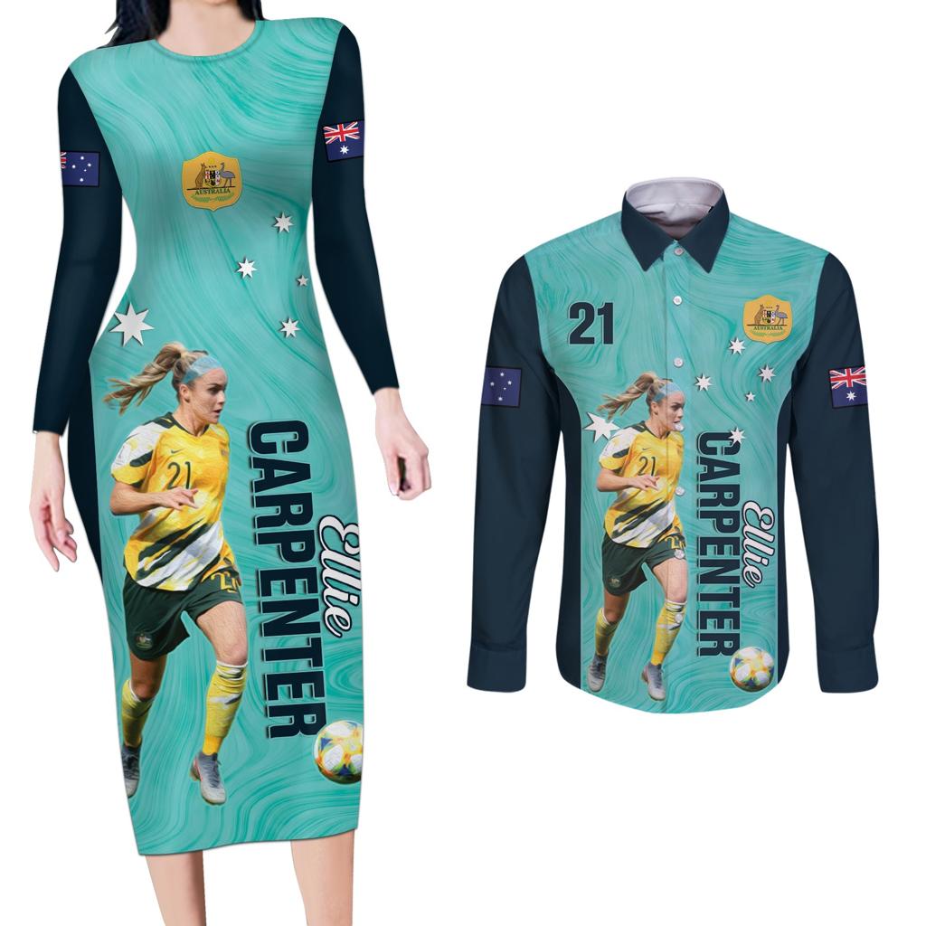 Australia Soccer Couples Matching Long Sleeve Bodycon Dress and Long Sleeve Button Shirt Ellie Carpenter Matildas - Turquoise
