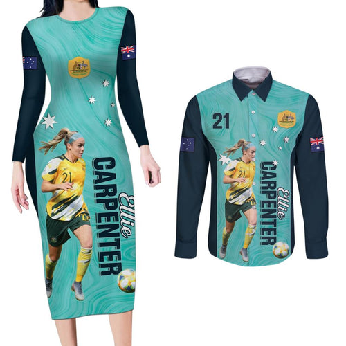 Australia Soccer Couples Matching Long Sleeve Bodycon Dress and Long Sleeve Button Shirt Ellie Carpenter Matildas - Turquoise