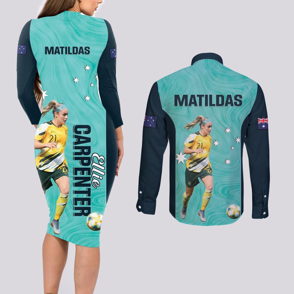 Australia Soccer Couples Matching Long Sleeve Bodycon Dress and Long Sleeve Button Shirt Ellie Carpenter Matildas - Turquoise
