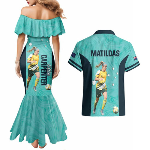 Australia Soccer Couples Matching Mermaid Dress and Hawaiian Shirt Ellie Carpenter Matildas - Turquoise