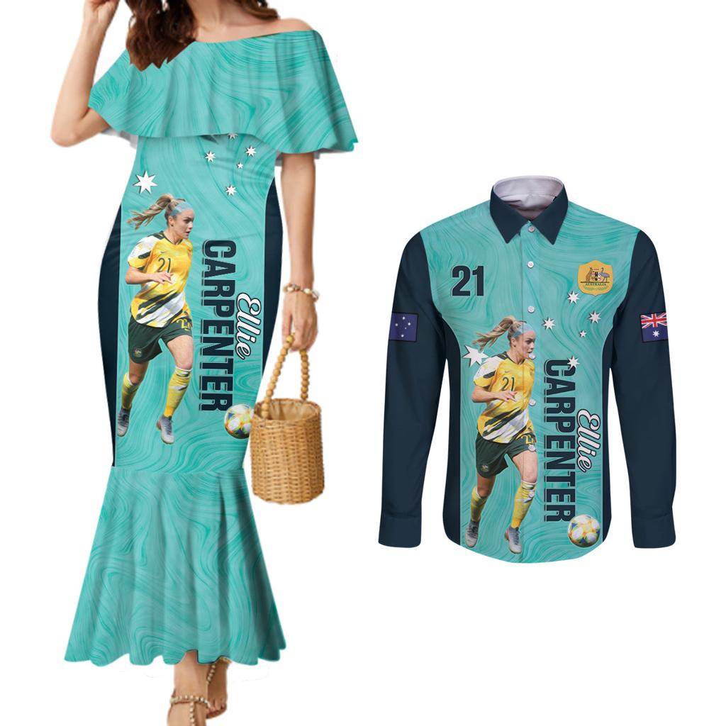 Australia Soccer Couples Matching Mermaid Dress and Long Sleeve Button Shirt Ellie Carpenter Matildas - Turquoise