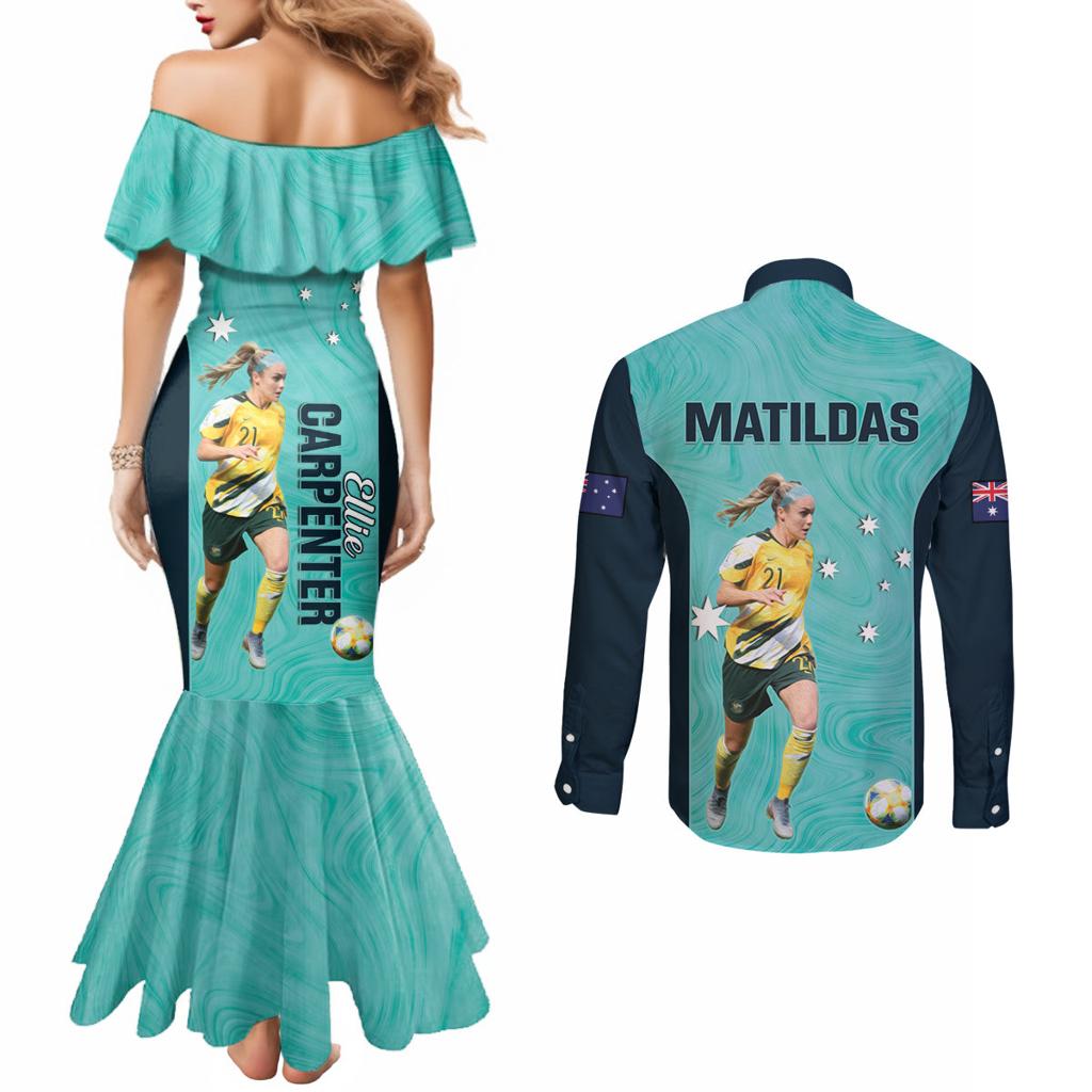 Australia Soccer Couples Matching Mermaid Dress and Long Sleeve Button Shirt Ellie Carpenter Matildas - Turquoise