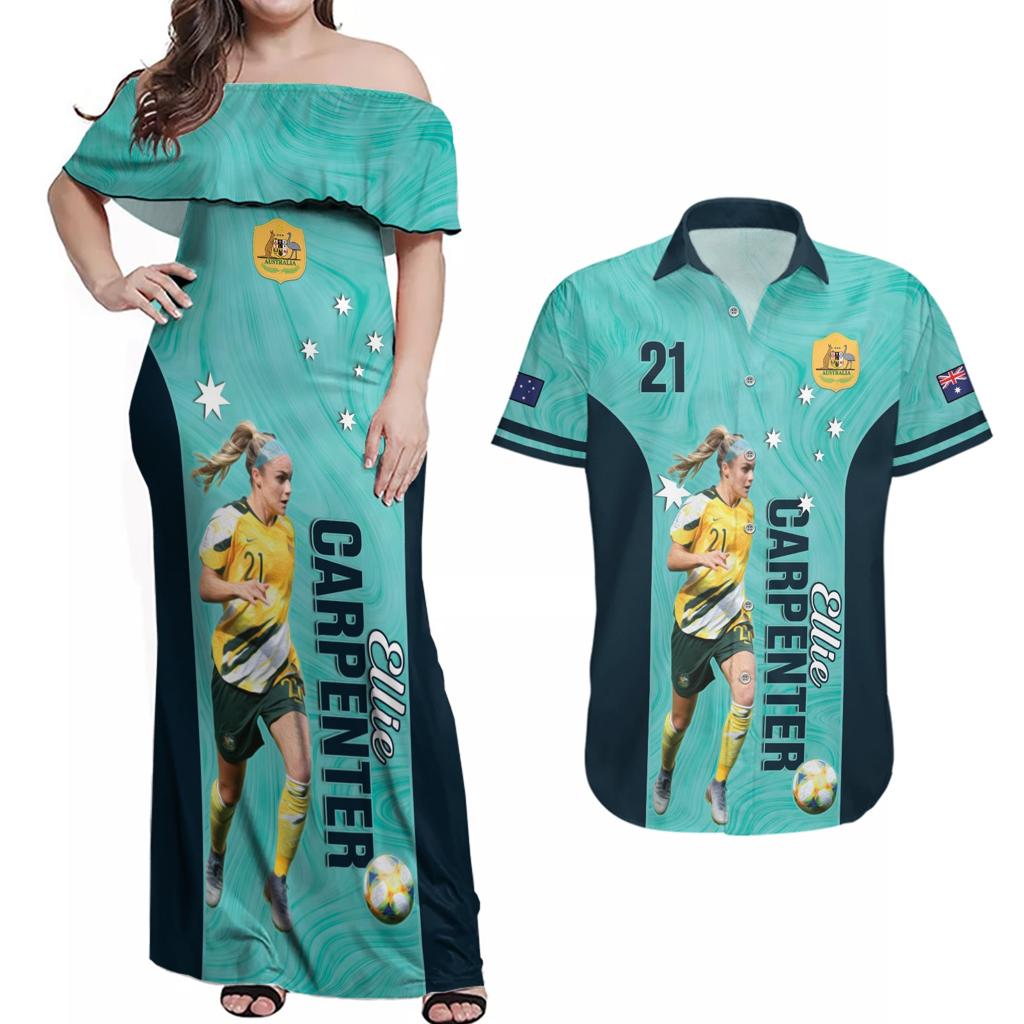 Australia Soccer Couples Matching Off Shoulder Maxi Dress and Hawaiian Shirt Ellie Carpenter Matildas - Turquoise
