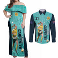 Australia Soccer Couples Matching Off Shoulder Maxi Dress and Long Sleeve Button Shirt Ellie Carpenter Matildas - Turquoise
