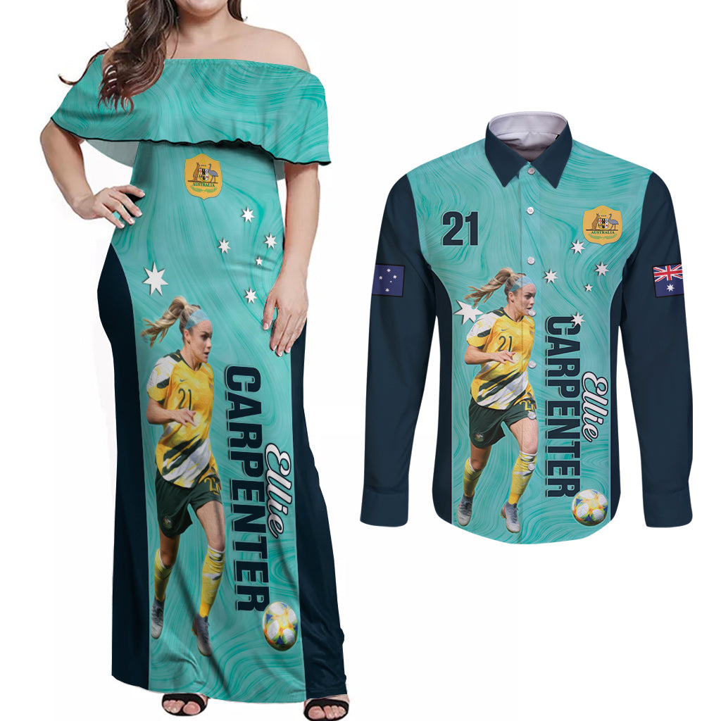 Australia Soccer Couples Matching Off Shoulder Maxi Dress and Long Sleeve Button Shirt Ellie Carpenter Matildas - Turquoise