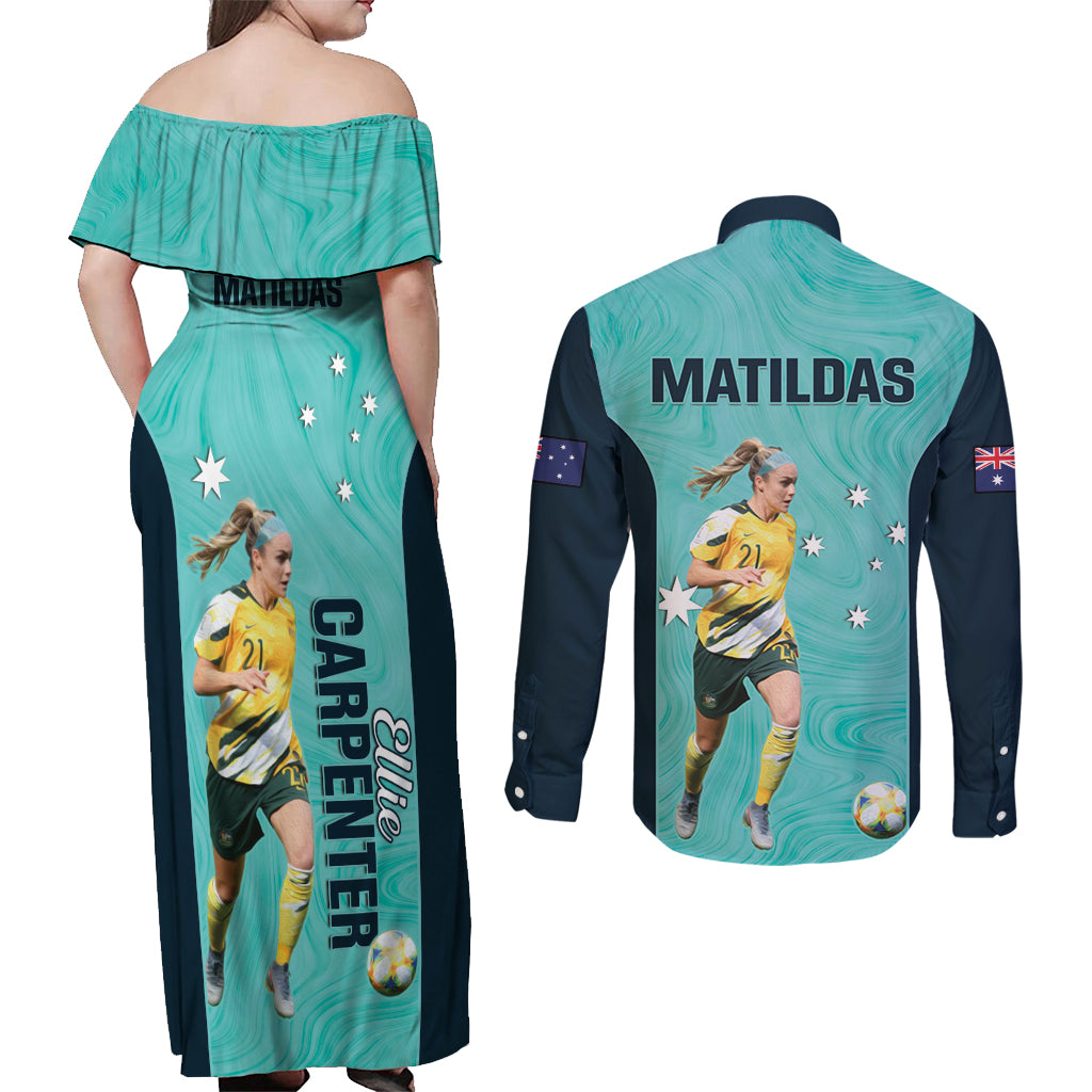 Australia Soccer Couples Matching Off Shoulder Maxi Dress and Long Sleeve Button Shirt Ellie Carpenter Matildas - Turquoise