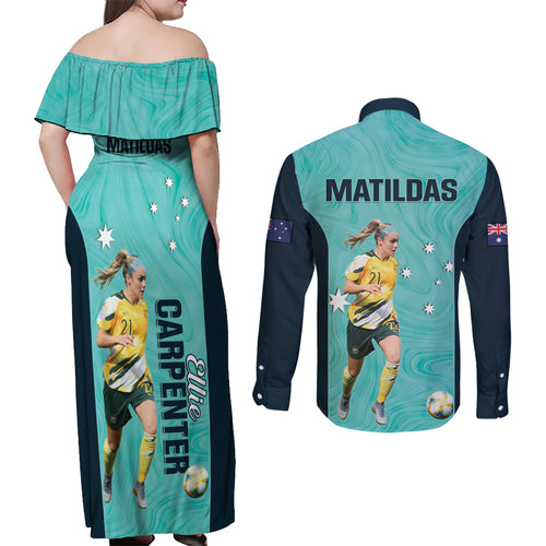 Australia Soccer Couples Matching Off Shoulder Maxi Dress and Long Sleeve Button Shirt Ellie Carpenter Matildas - Turquoise