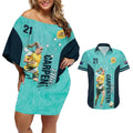 Australia Soccer Couples Matching Off Shoulder Short Dress and Hawaiian Shirt Ellie Carpenter Matildas - Turquoise