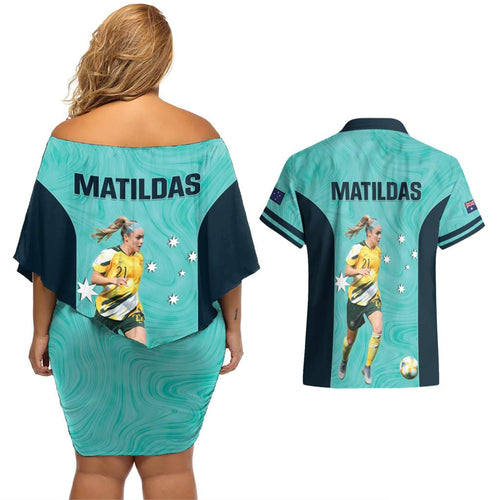 Australia Soccer Couples Matching Off Shoulder Short Dress and Hawaiian Shirt Ellie Carpenter Matildas - Turquoise
