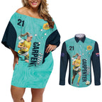 Australia Soccer Couples Matching Off Shoulder Short Dress and Long Sleeve Button Shirt Ellie Carpenter Matildas - Turquoise