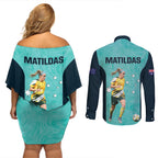 Australia Soccer Couples Matching Off Shoulder Short Dress and Long Sleeve Button Shirt Ellie Carpenter Matildas - Turquoise