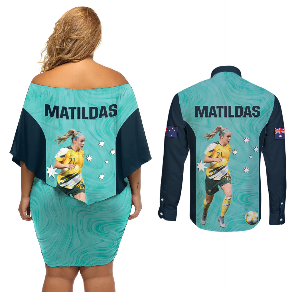 Australia Soccer Couples Matching Off Shoulder Short Dress and Long Sleeve Button Shirt Ellie Carpenter Matildas - Turquoise