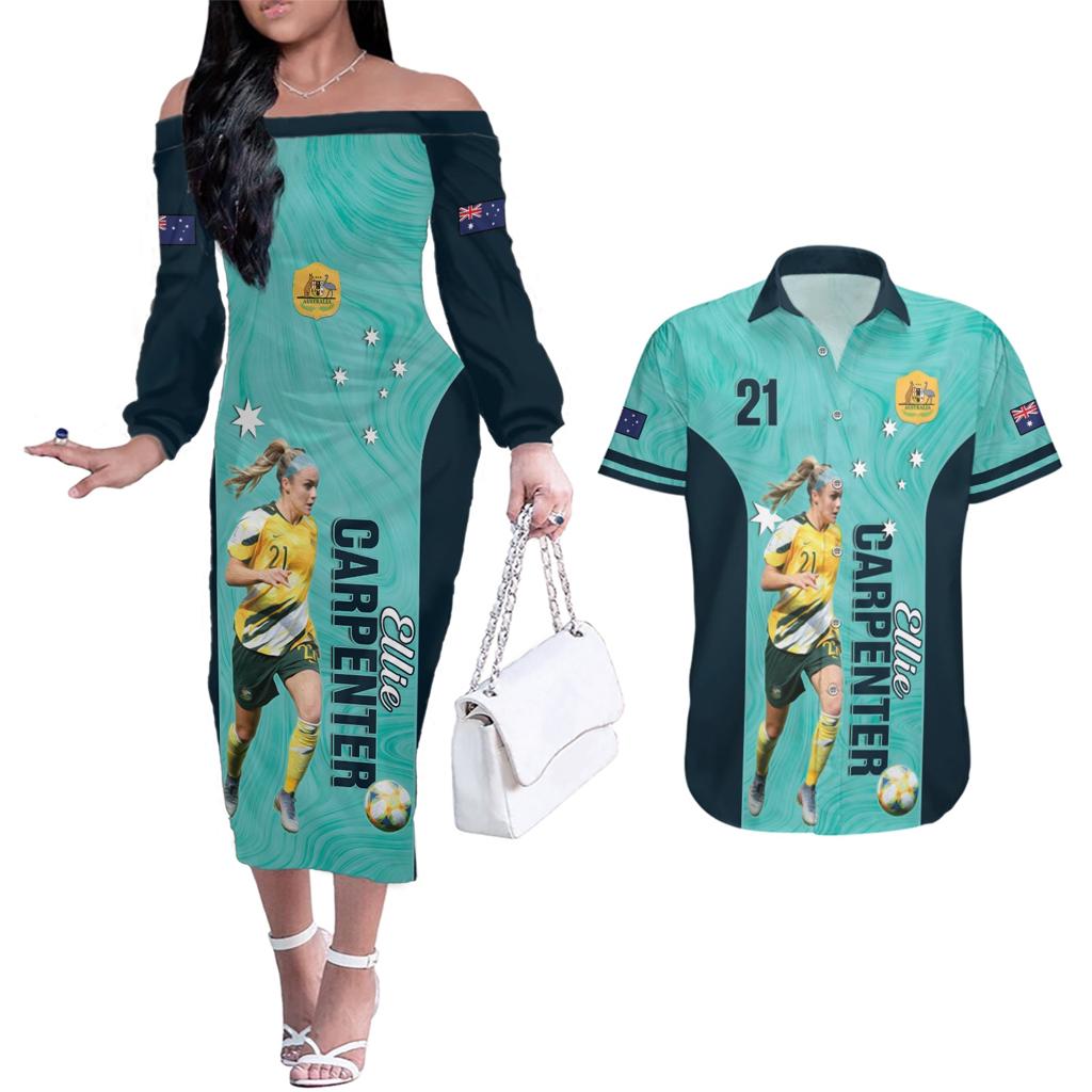 Australia Soccer Couples Matching Off The Shoulder Long Sleeve Dress and Hawaiian Shirt Ellie Carpenter Matildas - Turquoise