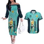 Australia Soccer Couples Matching Off The Shoulder Long Sleeve Dress and Hawaiian Shirt Ellie Carpenter Matildas - Turquoise