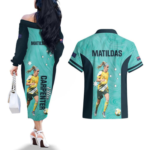 Australia Soccer Couples Matching Off The Shoulder Long Sleeve Dress and Hawaiian Shirt Ellie Carpenter Matildas - Turquoise