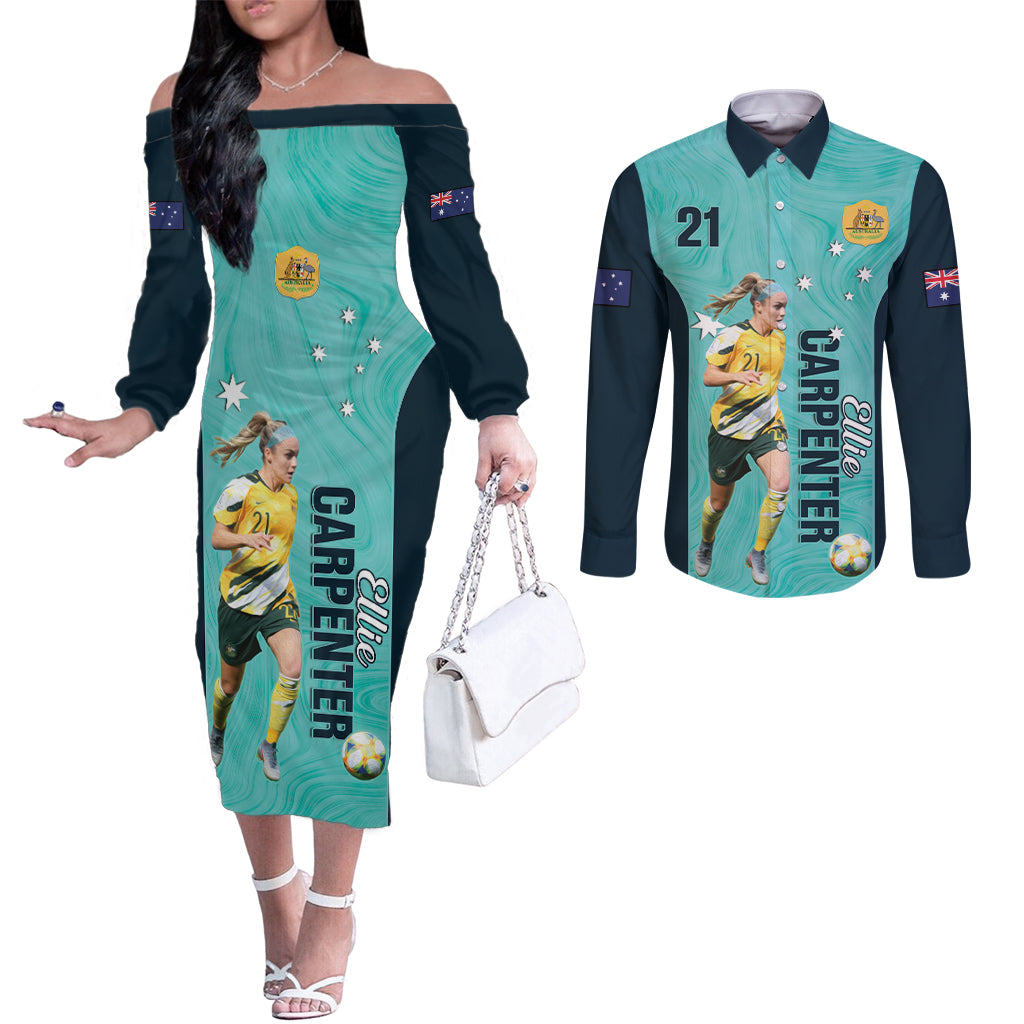 Australia Soccer Couples Matching Off The Shoulder Long Sleeve Dress and Long Sleeve Button Shirt Ellie Carpenter Matildas - Turquoise