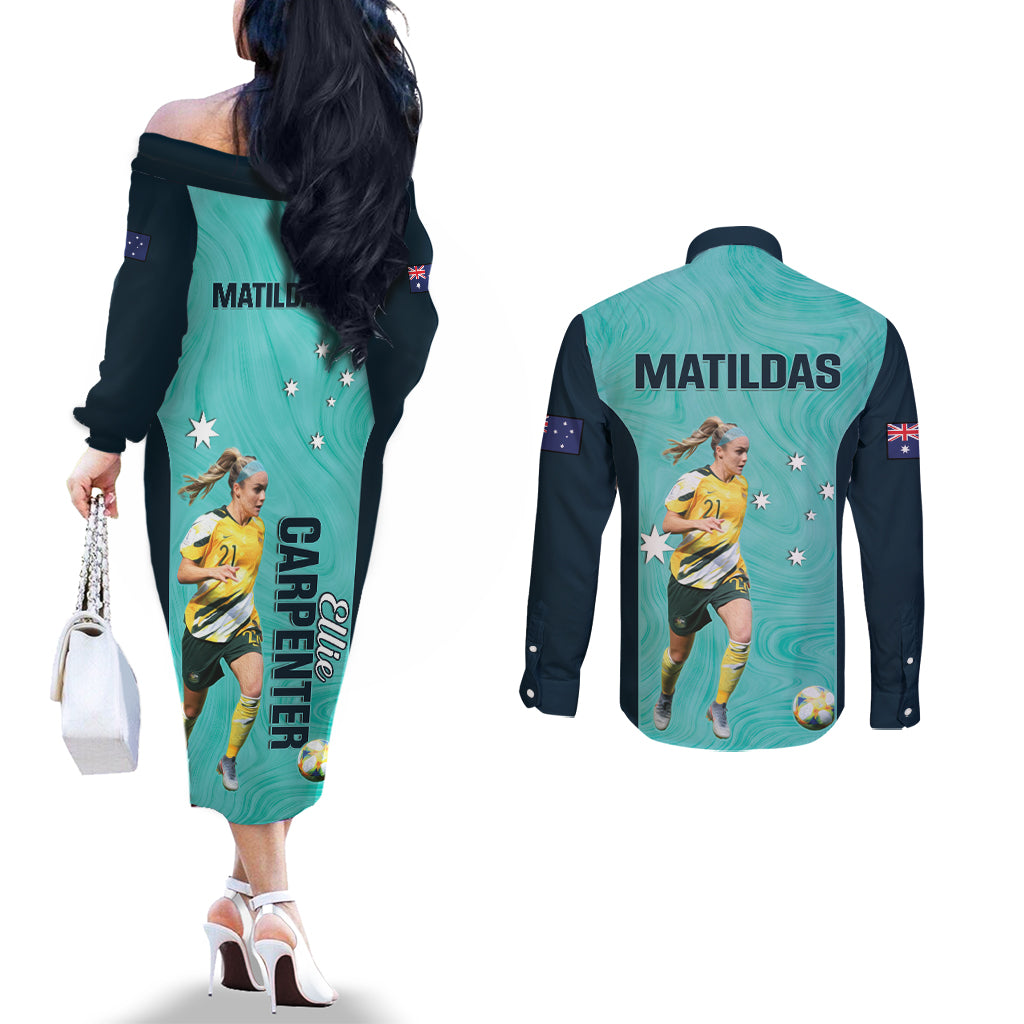 Australia Soccer Couples Matching Off The Shoulder Long Sleeve Dress and Long Sleeve Button Shirt Ellie Carpenter Matildas - Turquoise