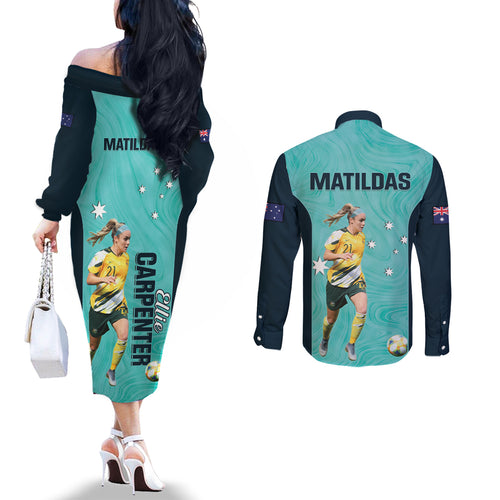 Australia Soccer Couples Matching Off The Shoulder Long Sleeve Dress and Long Sleeve Button Shirt Ellie Carpenter Matildas - Turquoise