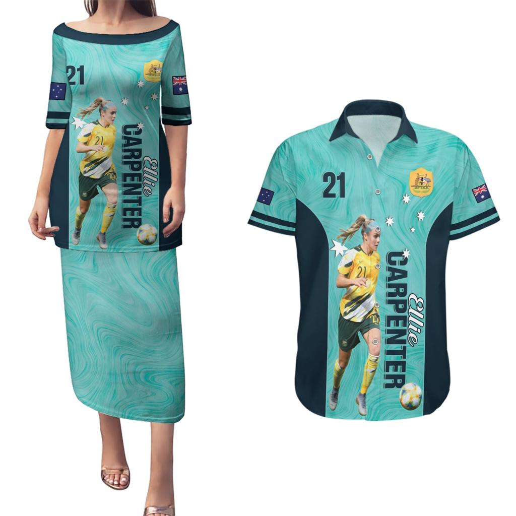 Australia Soccer Couples Matching Puletasi and Hawaiian Shirt Ellie Carpenter Matildas - Turquoise
