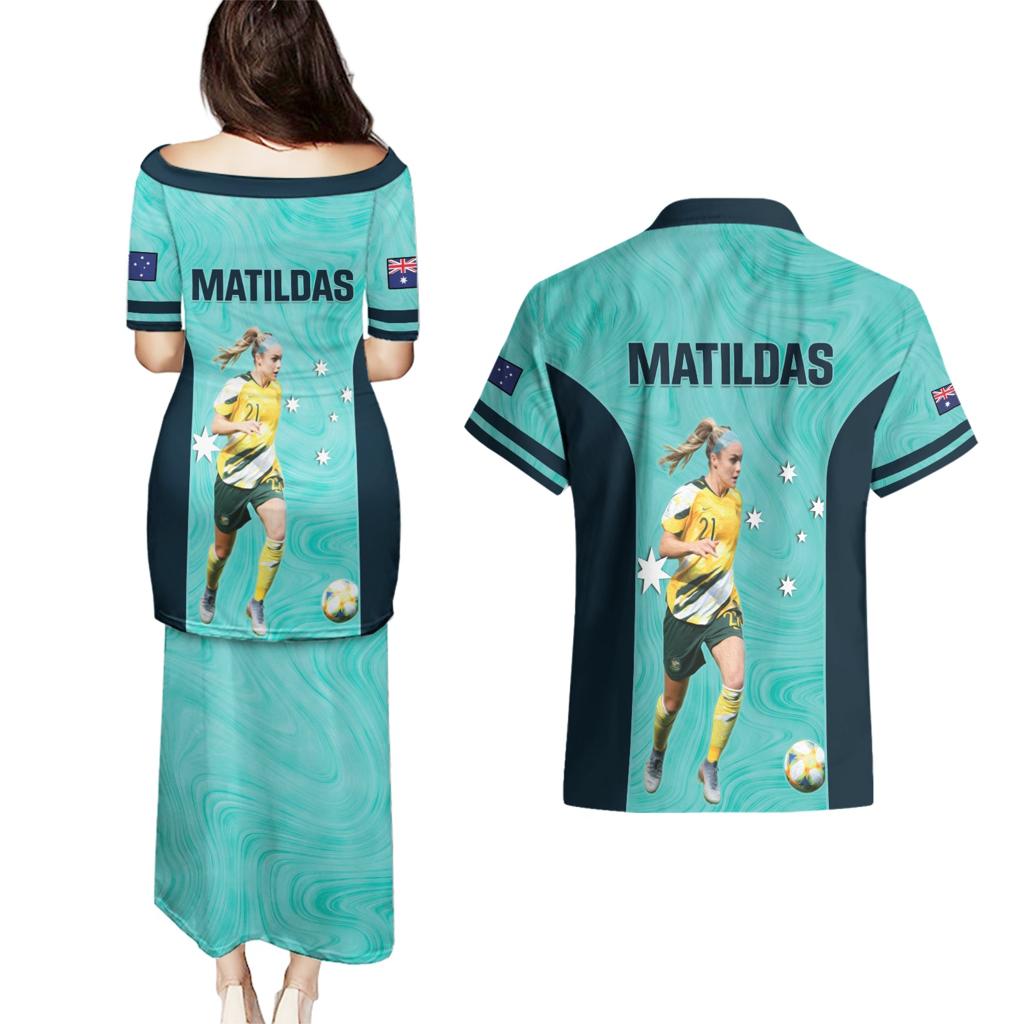 Australia Soccer Couples Matching Puletasi and Hawaiian Shirt Ellie Carpenter Matildas - Turquoise