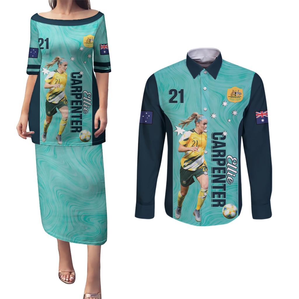 Australia Soccer Couples Matching Puletasi and Long Sleeve Button Shirt Ellie Carpenter Matildas - Turquoise