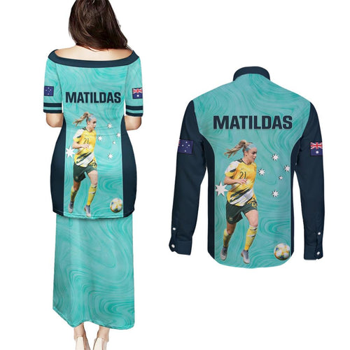 Australia Soccer Couples Matching Puletasi and Long Sleeve Button Shirt Ellie Carpenter Matildas - Turquoise