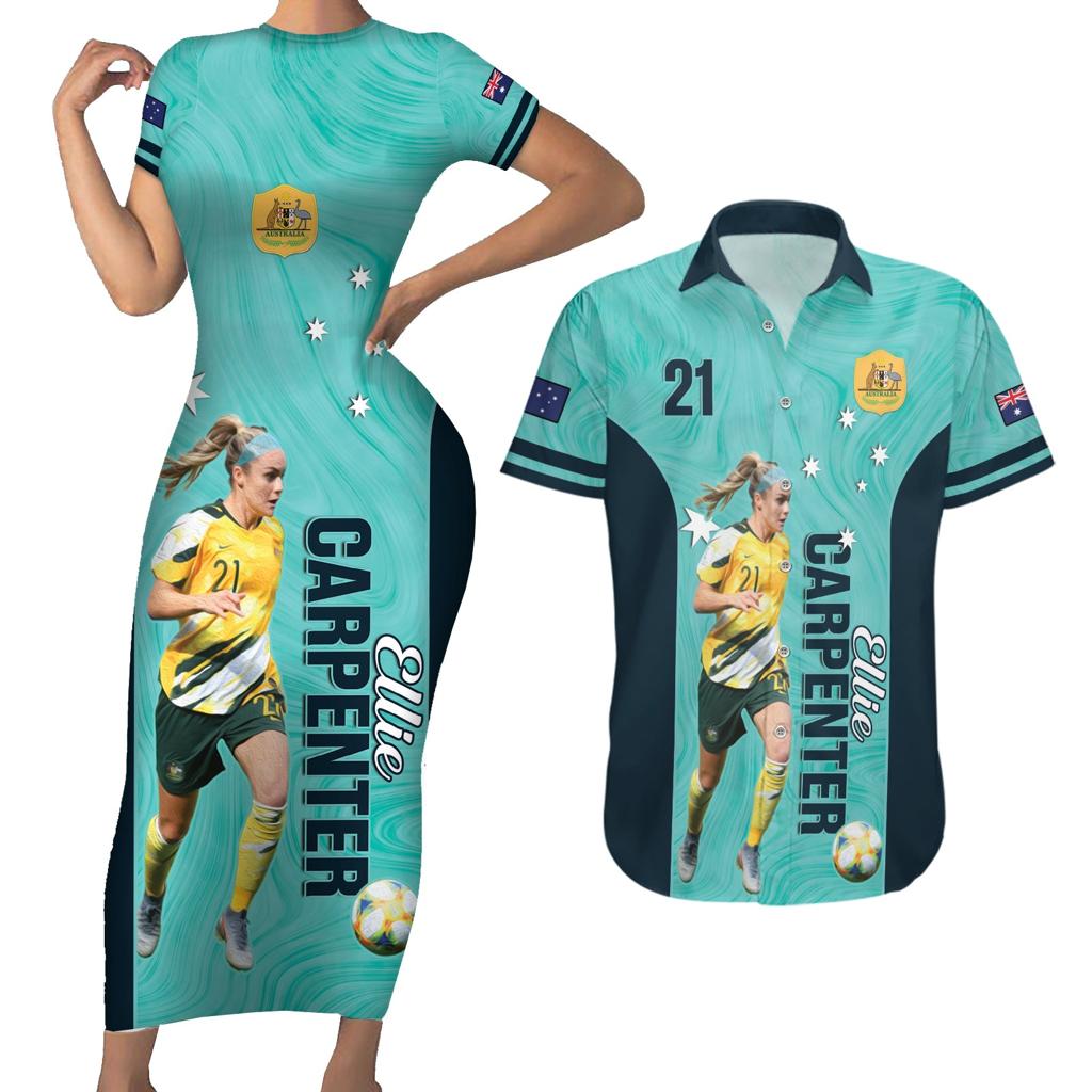 Australia Soccer Couples Matching Short Sleeve Bodycon Dress and Hawaiian Shirt Ellie Carpenter Matildas - Turquoise