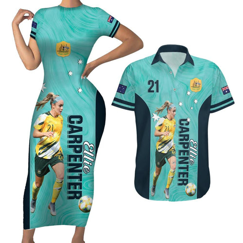 Australia Soccer Couples Matching Short Sleeve Bodycon Dress and Hawaiian Shirt Ellie Carpenter Matildas - Turquoise