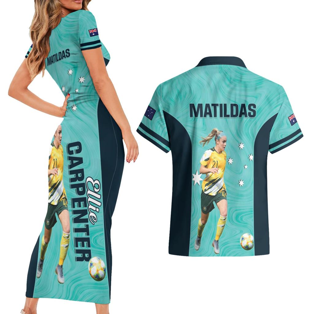 Australia Soccer Couples Matching Short Sleeve Bodycon Dress and Hawaiian Shirt Ellie Carpenter Matildas - Turquoise