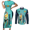 Australia Soccer Couples Matching Short Sleeve Bodycon Dress and Long Sleeve Button Shirt Ellie Carpenter Matildas - Turquoise