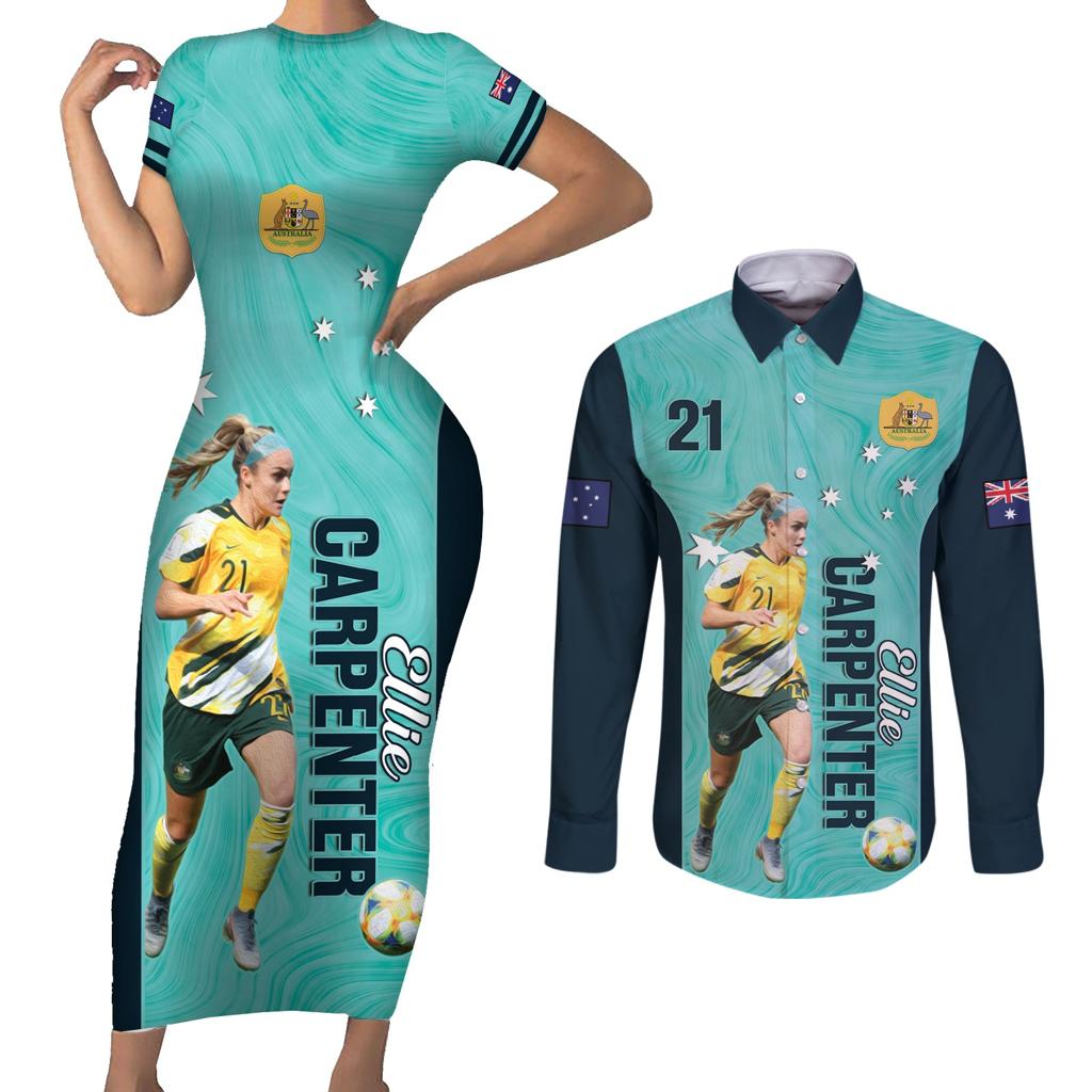 Australia Soccer Couples Matching Short Sleeve Bodycon Dress and Long Sleeve Button Shirt Ellie Carpenter Matildas - Turquoise