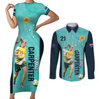 Australia Soccer Couples Matching Short Sleeve Bodycon Dress and Long Sleeve Button Shirt Ellie Carpenter Matildas - Turquoise