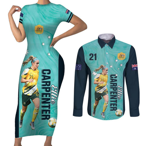 Australia Soccer Couples Matching Short Sleeve Bodycon Dress and Long Sleeve Button Shirt Ellie Carpenter Matildas - Turquoise
