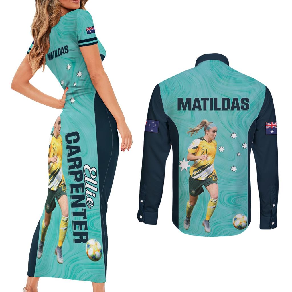 Australia Soccer Couples Matching Short Sleeve Bodycon Dress and Long Sleeve Button Shirt Ellie Carpenter Matildas - Turquoise