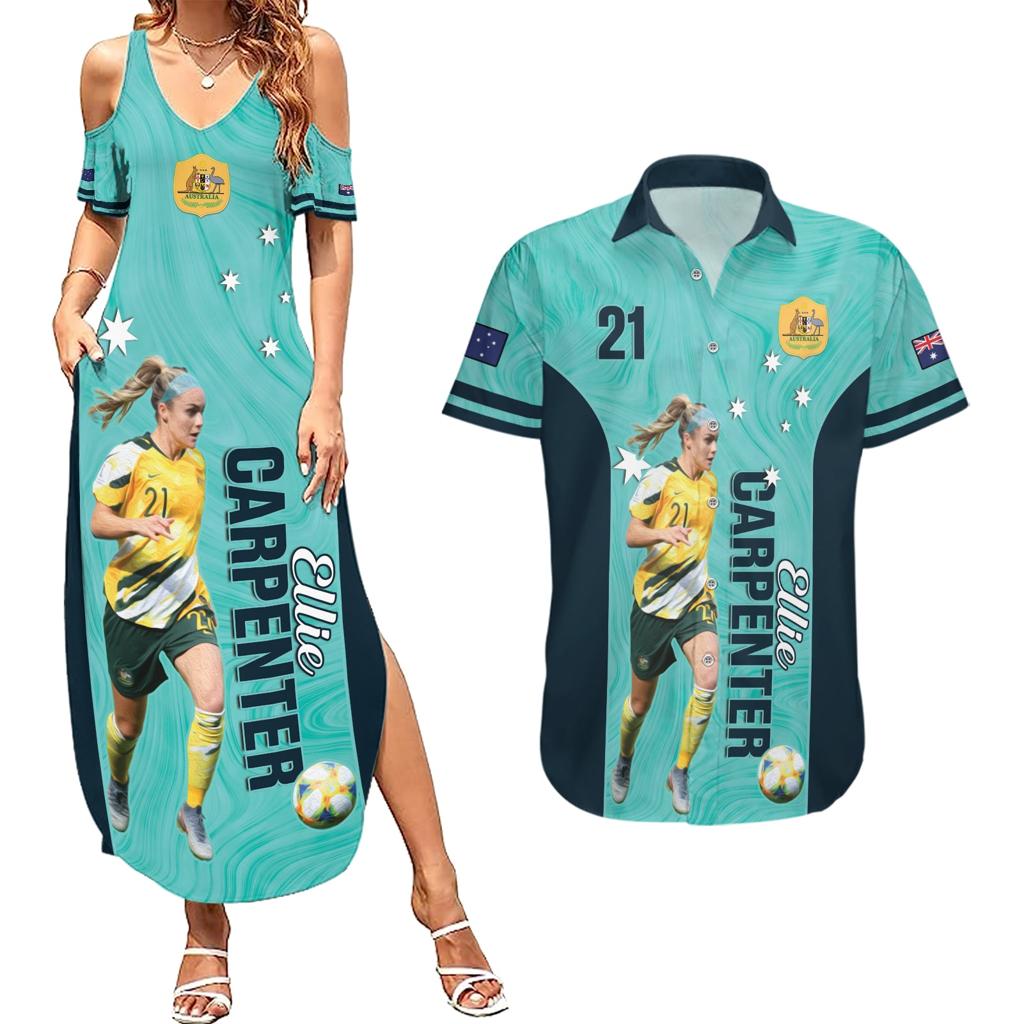 Australia Soccer Couples Matching Summer Maxi Dress and Hawaiian Shirt Ellie Carpenter Matildas - Turquoise