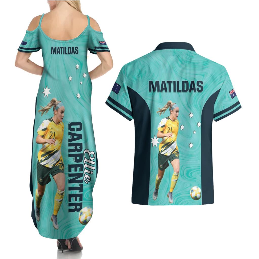 Australia Soccer Couples Matching Summer Maxi Dress and Hawaiian Shirt Ellie Carpenter Matildas - Turquoise