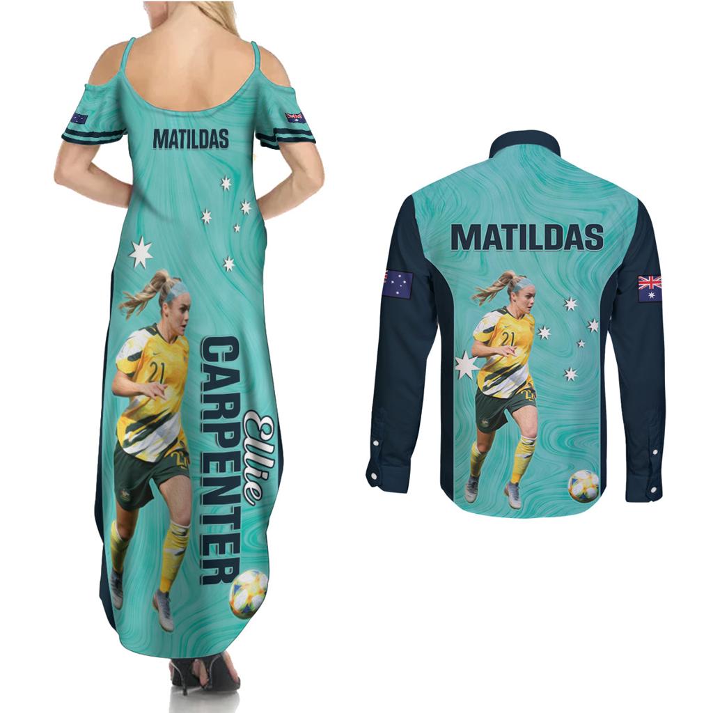 Australia Soccer Couples Matching Summer Maxi Dress and Long Sleeve Button Shirt Ellie Carpenter Matildas - Turquoise