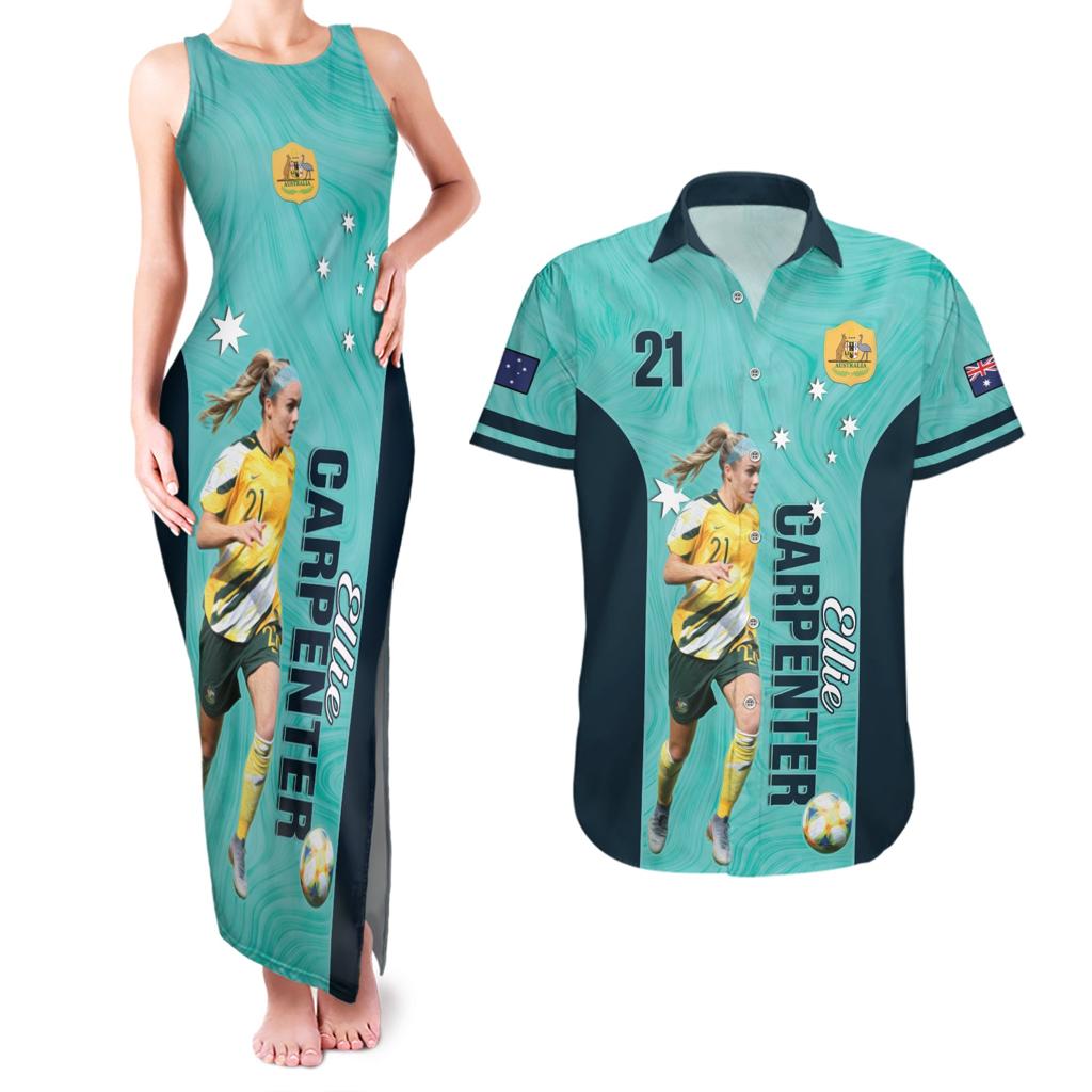 Australia Soccer Couples Matching Tank Maxi Dress and Hawaiian Shirt Ellie Carpenter Matildas - Turquoise